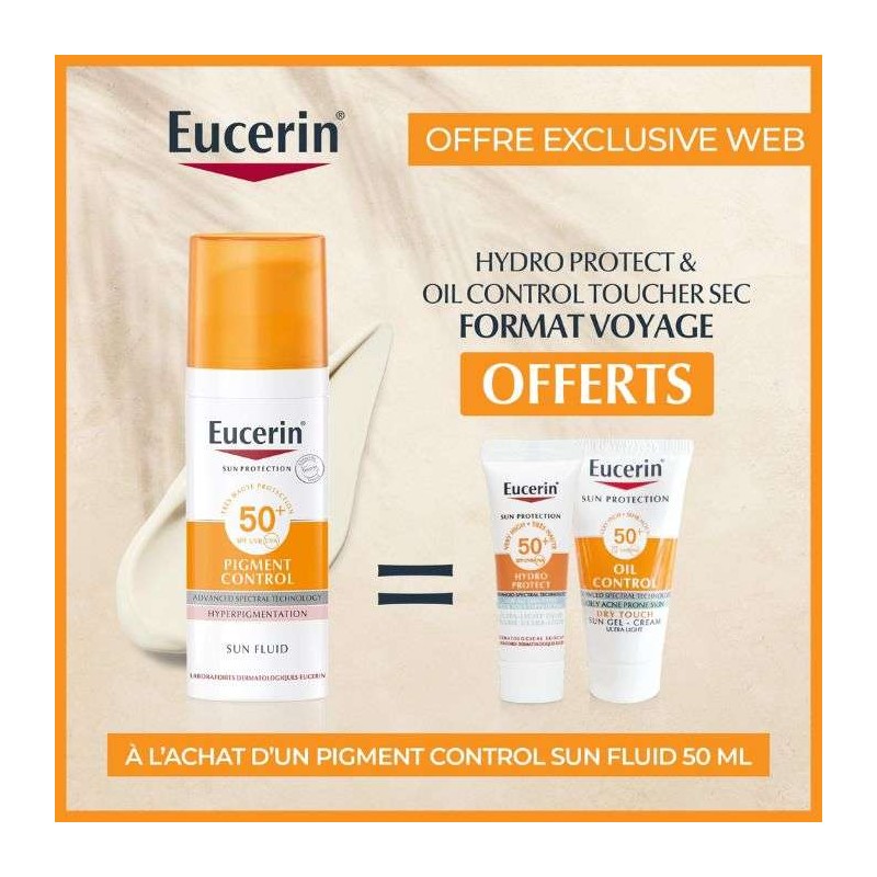 EUCERIN OFFRE WEB OIL SUN PROTECT CONTROL TOUCHER SEC 50 ML + OIL CONTROLE + DERMO PURE GEL NETTOYANT FORMAT VOYAGE OFFERTS