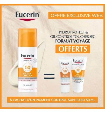 EUCERIN OFFRE WEB OIL SUN PROTECT CONTROL TOUCHER SEC 50 ML + OIL CONTROLE + DERMO PURE GEL NETTOYANT FORMAT VOYAGE OFFERTS