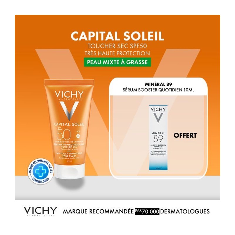 VICHY OFFRE CAPITAL SOLEIL EMULSION PROTECTRICE ANTI BRILLANCE PEAU MIXTE A GRASSE 50 ML SPF 50 + VICHY MPINERALE89 OFFERT 10ML
