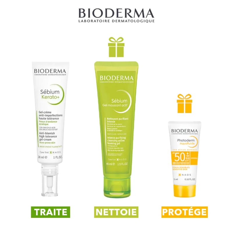 BIODERMA SEBIUM KERATO GEL CREME 30 ML + GEL MOUSSANT ACTIF 45ML + PHOTODERM AQUAFLUIDE SPF50+ 5ML