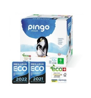 PINGO COUCHES ÉCOLOGIQUES JETABLES JUMBO XL TAILLE 6 (15-30KG) 2X32 COUCHES
