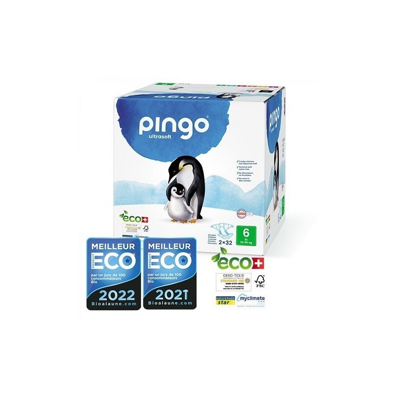 PINGO COUCHES ÉCOLOGIQUES JETABLES JUMBO XL TAILLE 6 (15-30KG) 2X32 COUCHES
