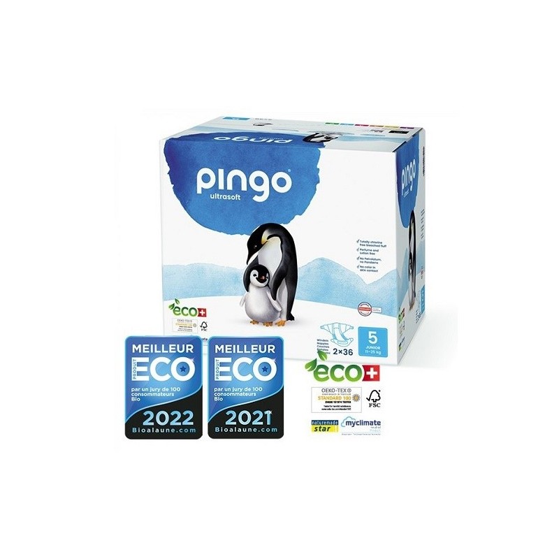 PINGO COUCHES ÉCOLOGIQUES JETABLES JUNIOR JUMBO TAILLE 5 (11-25KG) 2X36 COUCHES