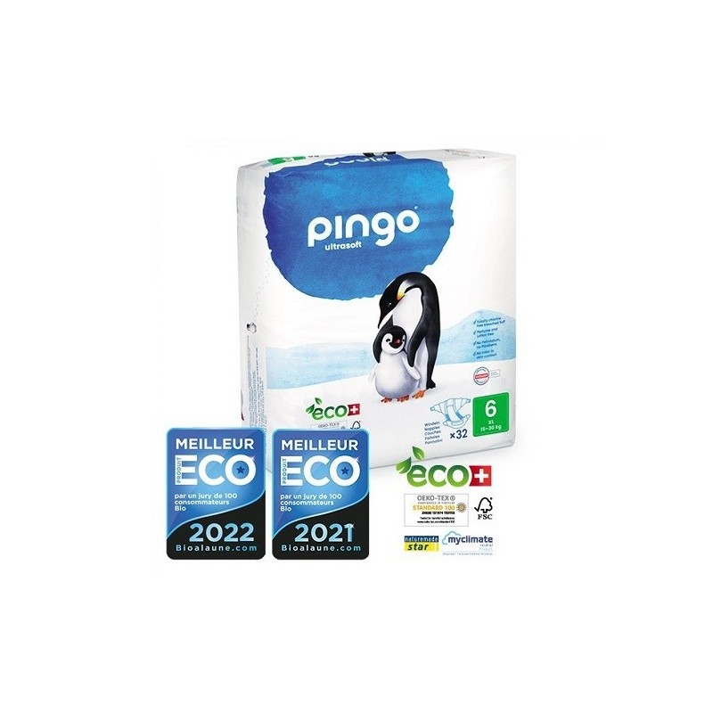 PINGO COUCHES ÉCOLOGIQUES JETABLES XL TAILLE 6 (15-30KG) 32 COUCHES