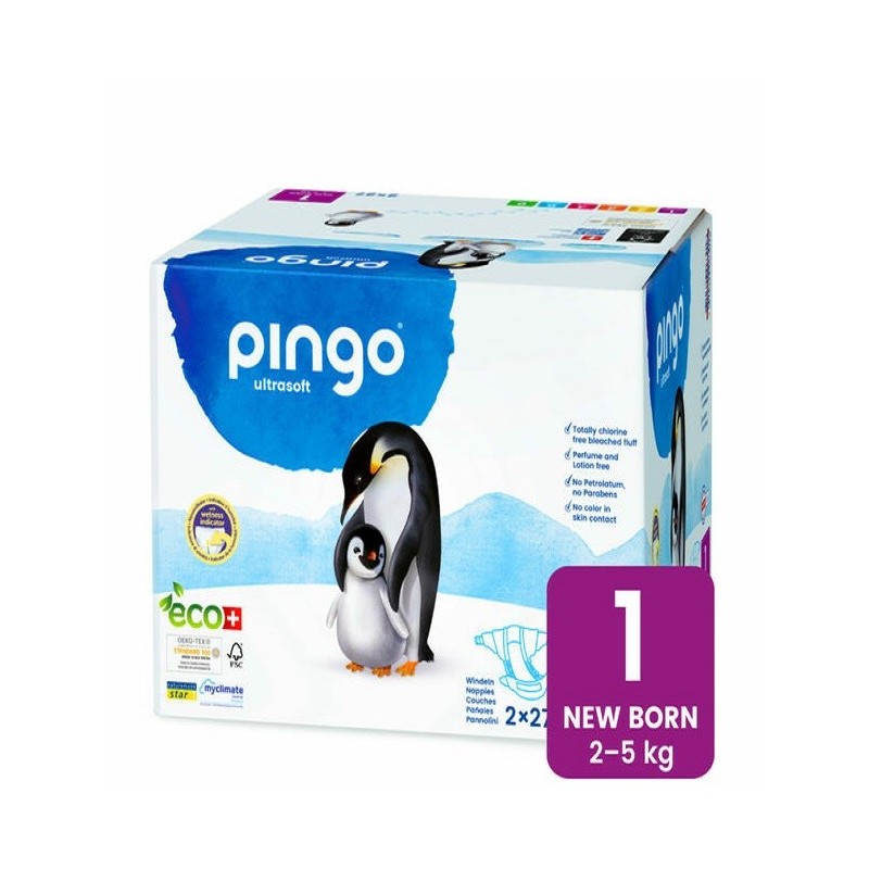 Pingo Newborn Jumbo Taille1– 2-5KG  –2 Sachets de 27 Couches  égal  Lingettes Offertes