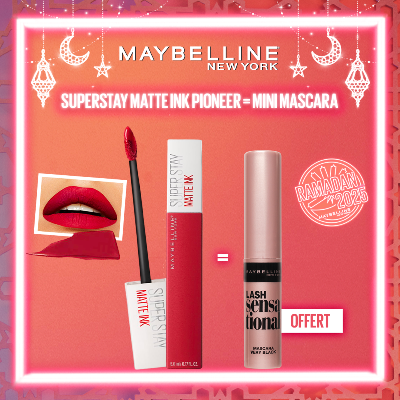 Maybelline – Rouge à lèvre Mat Liquide – Longue tenue – Superstay Matte Ink  20 PIONEER 5 ml   égal  Mini Mascara Offerte