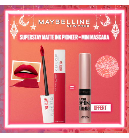 Maybelline – Rouge à lèvre Mat Liquide – Longue tenue – Superstay Matte Ink  20 PIONEER 5 ml   égal  Mini Mascara Offerte