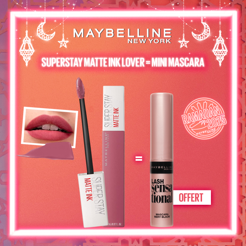 Maybelline – Rouge à lèvre Mat Liquide – Longue tenue – Superstay Matte Ink 15 LOVER ml  égal  Mini mascara Offerte