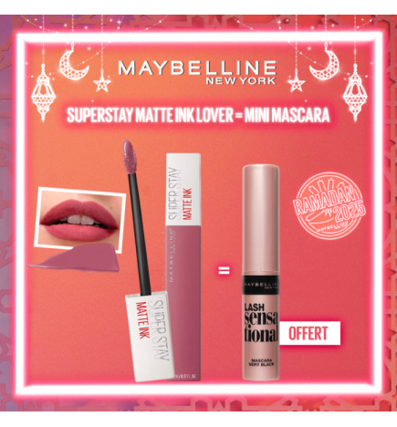 Maybelline – Rouge à lèvre Mat Liquide – Longue tenue – Superstay Matte Ink 15 LOVER ml  égal  Mini mascara Offerte