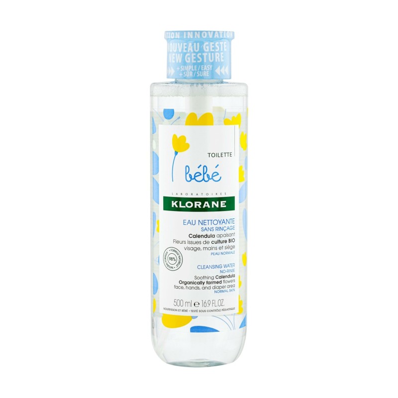 Klorane – Eau nettoyante sans rinçage au Calendula apaisant – Bébé – Peau normale 500 ml