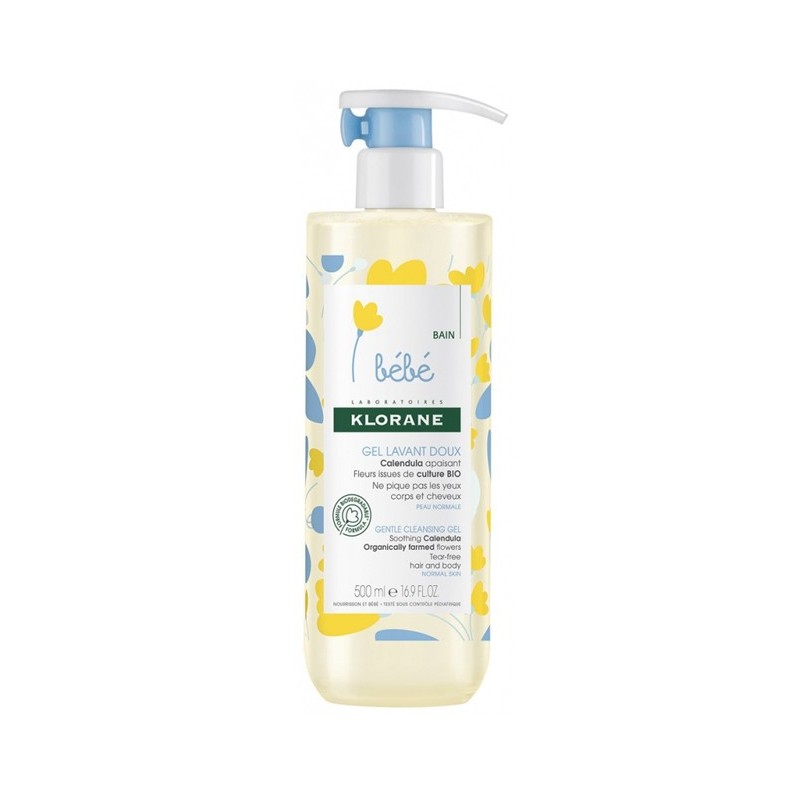 Klorane – Gel lavant doux au Calendula apaisant – Bébé – Corps et cheveux – Peau normale 500 ml