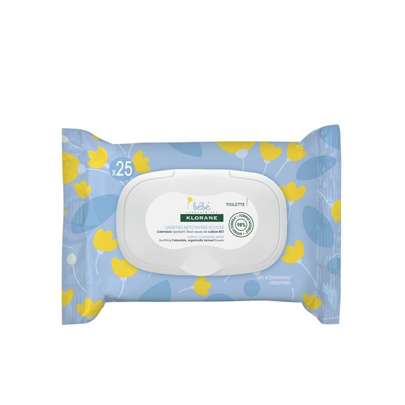 Klorane – Lingettes nettoyantes douces pour le corps au Calendula apaisant – Bébé – Peau normale à sèche 25 u