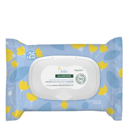 Klorane – Lingettes nettoyantes douces pour le corps au Calendula apaisant – Bébé – Peau normale à sèche 25 u
