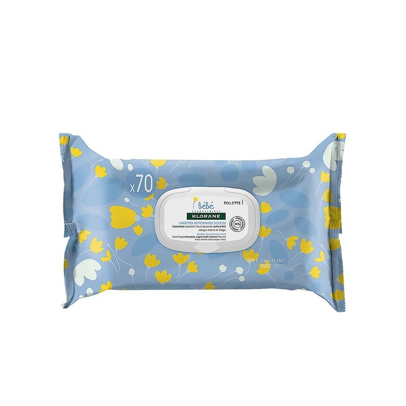Klorane – Lingettes nettoyantes douces pour le corps au Calendula apaisant – Bébé – Peau normale à sèche 70 u
