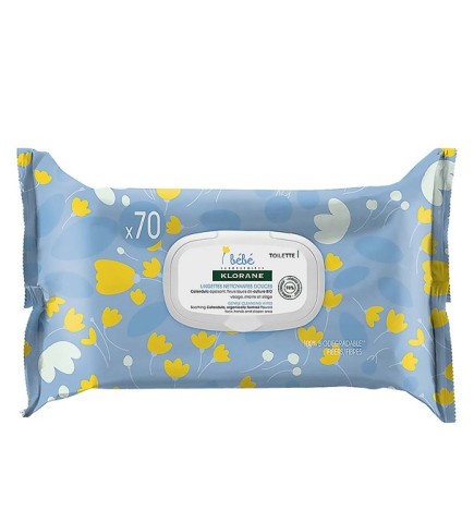 Klorane – Lingettes nettoyantes douces pour le corps au Calendula apaisant – Bébé – Peau normale à sèche 70 u