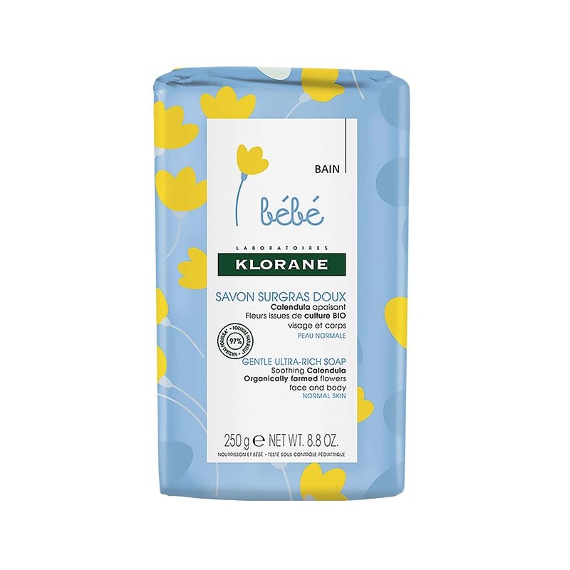 Klorane – Savon surgras doux Calendula apaisant – Bébé – Peau normale – Visage et Corps 250 g