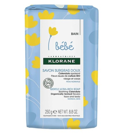 Klorane – Savon surgras doux Calendula apaisant – Bébé – Peau normale – Visage et Corps 250 g