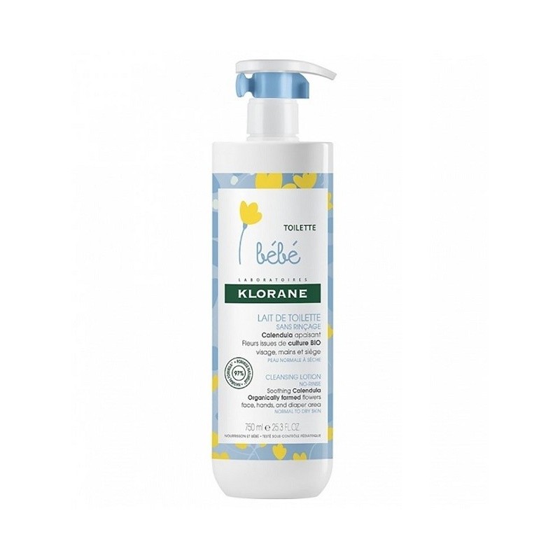 Klorane Bébé – Lait de toilette sans rinçage au Calendula apaisant – Bébé – Peau normale à sèche 500 ml