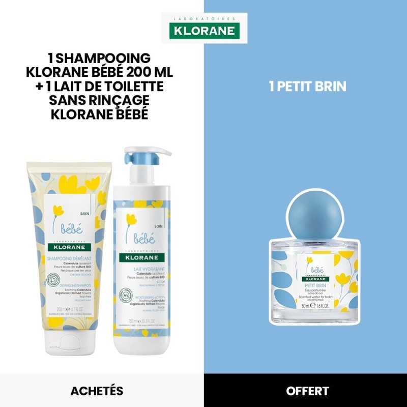 KLORANE Bébé Shampooing 200ml+1 Lait sans Rinçage 500ml  égal  1 Petit Brin OFFERT