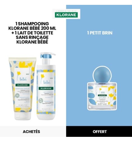 KLORANE Bébé Shampooing 200ml+1 Lait sans Rinçage 500ml égal 1 Petit Brin OFFERT