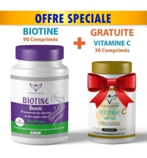 HEALTH POWER BIOTINE Beauté 90 Comprimés + Vitamine C 30 Comprimés OFFERT