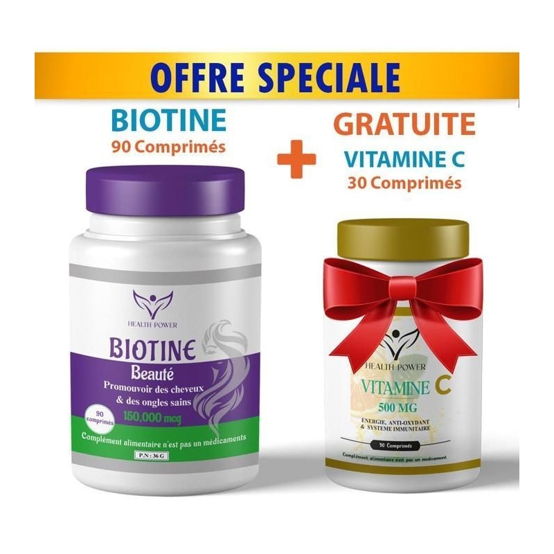 HEALTH POWER BIOTINE Beauté 90 Comprimés + Vitamine C 30 Comprimés OFFERT