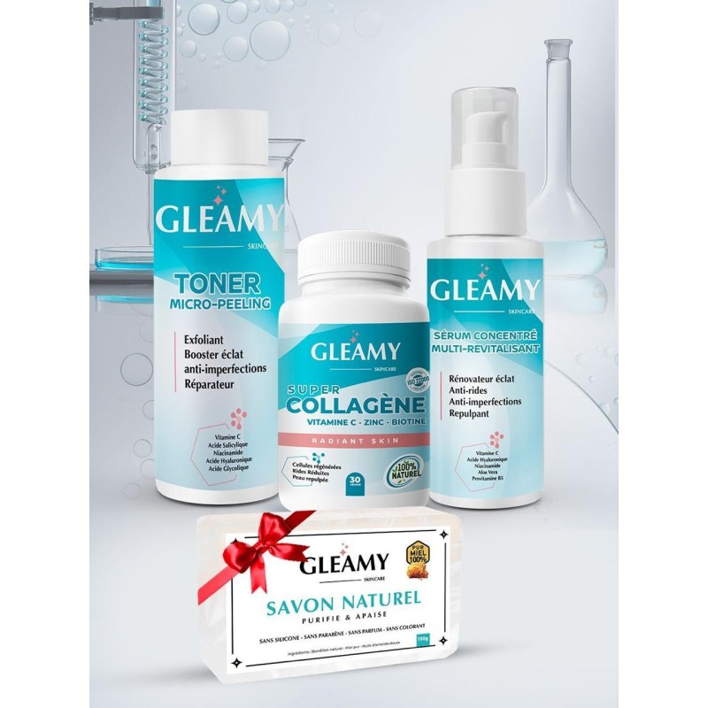 Gleamy Routine Peau Complete Toner 100ml +  Collagene Boite de 30 Gélules +Serum 50ml  égal  Savon Offert