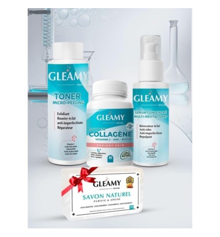Gleamy Routine Peau Complete Toner 100ml +  Collagene Boite de 30 Gélules +Serum 50ml  égal  Savon Offert