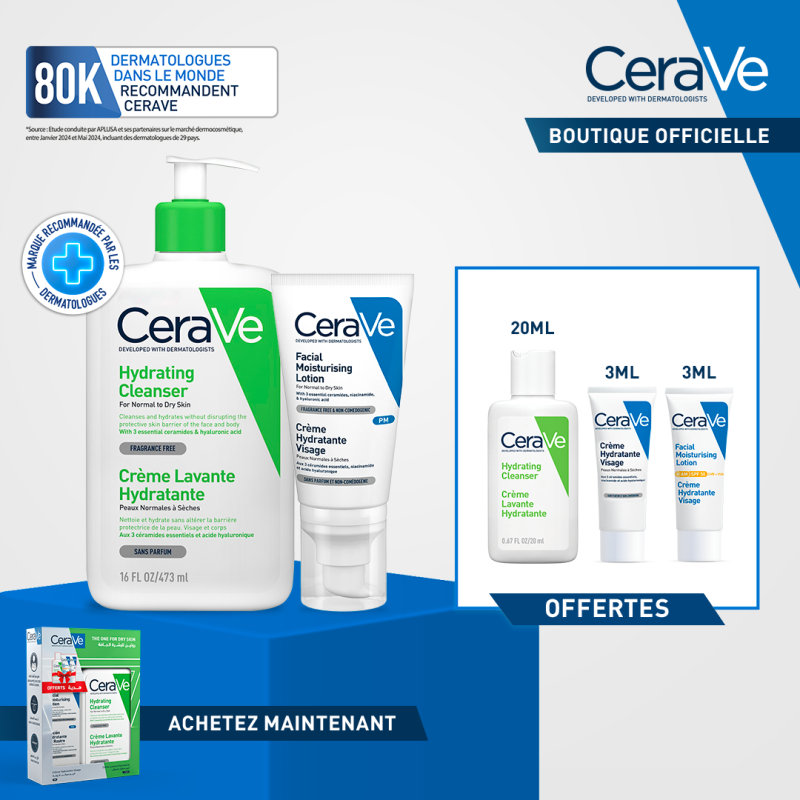 CeraVe Crème Lavante Hydratante Peau Normale à Sèche 473ml + Crème Hydratante  égal  3 Miniatures Offertes
