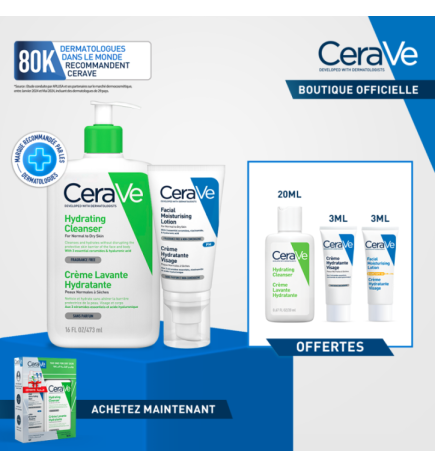 CeraVe Crème Lavante Hydratante Peau Normale à Sèche 473ml + Crème Hydratante  égal  3 Miniatures Offertes