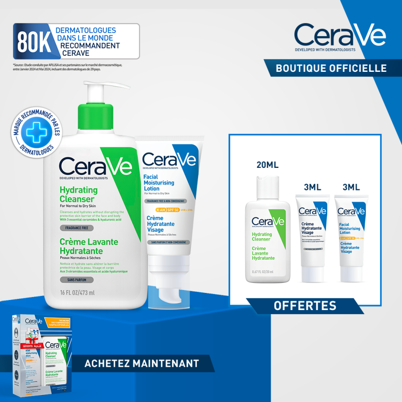 CeraVe Crème Lavante Hydratante Peau Normale à Sèche 473ml + Crème Hydratante Spf50  égal  3 Miniatures Offertes