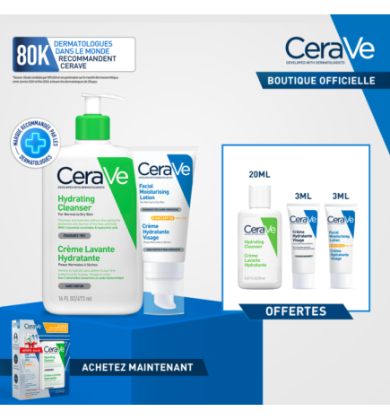 CeraVe Crème Lavante Hydratante Peau Normale à Sèche 473ml + Crème Hydratante Spf50  égal  3 Miniatures Offertes